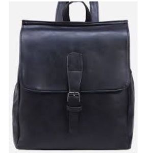 Black buckled strap front flap backpack purse